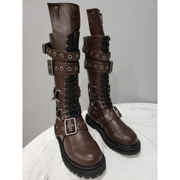 Dolls Kill Shoes - SIZE 9 Dolls Kill Club Exx COMBAT BOOTS STEAMPUNK cyberpunk gothic strappy brown